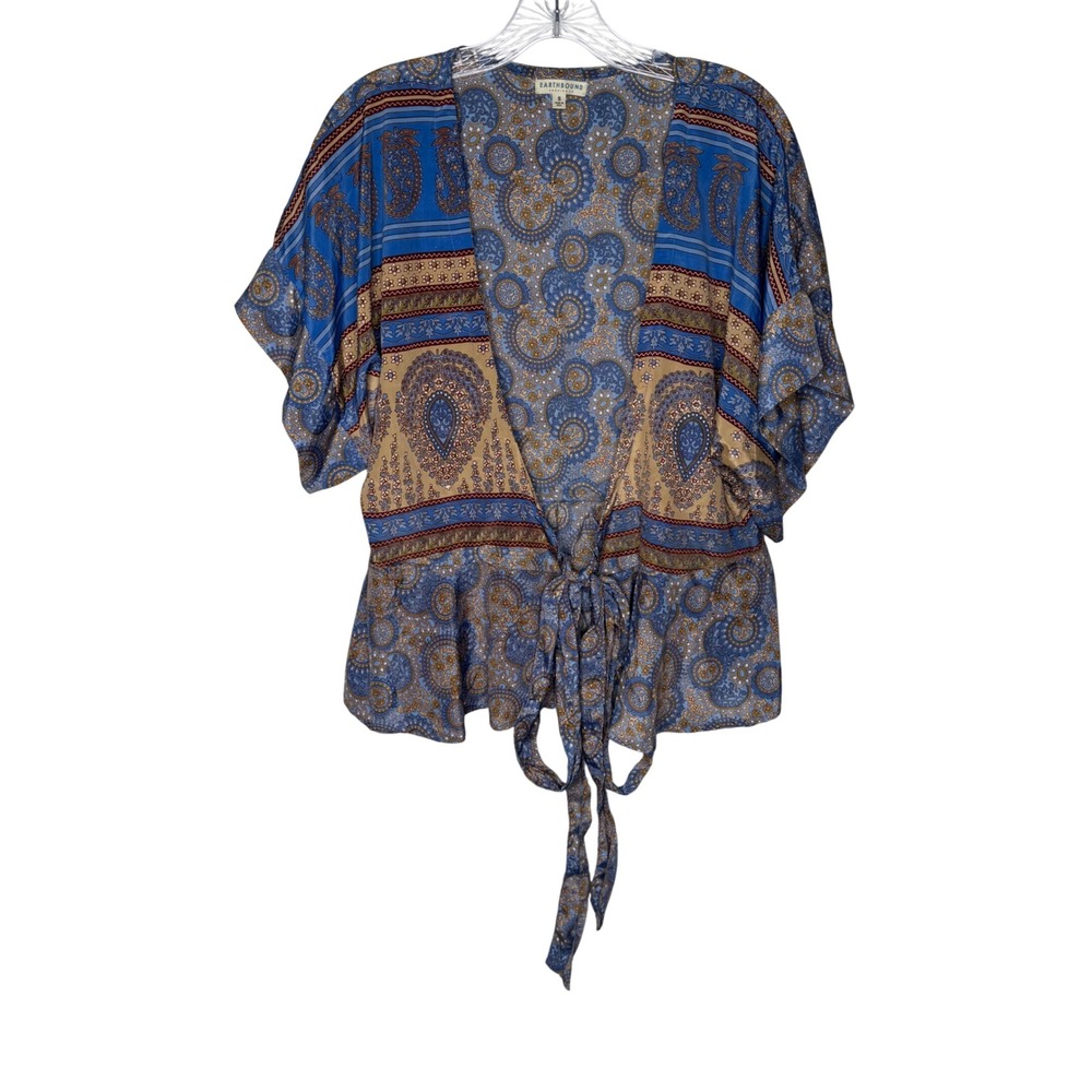 Earthbound‎ Trading Co Blue Paisley Tie Front Wrap Top Boho Kimono Sleeve Small